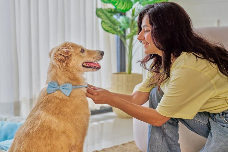 A woman greeting a dog at home